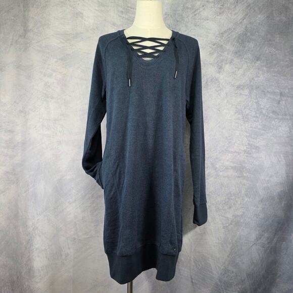 prAna Sweater Dress Womens Small Blue Heather Nautical Cozy Up Terry Pockets - Picture 1 of 16